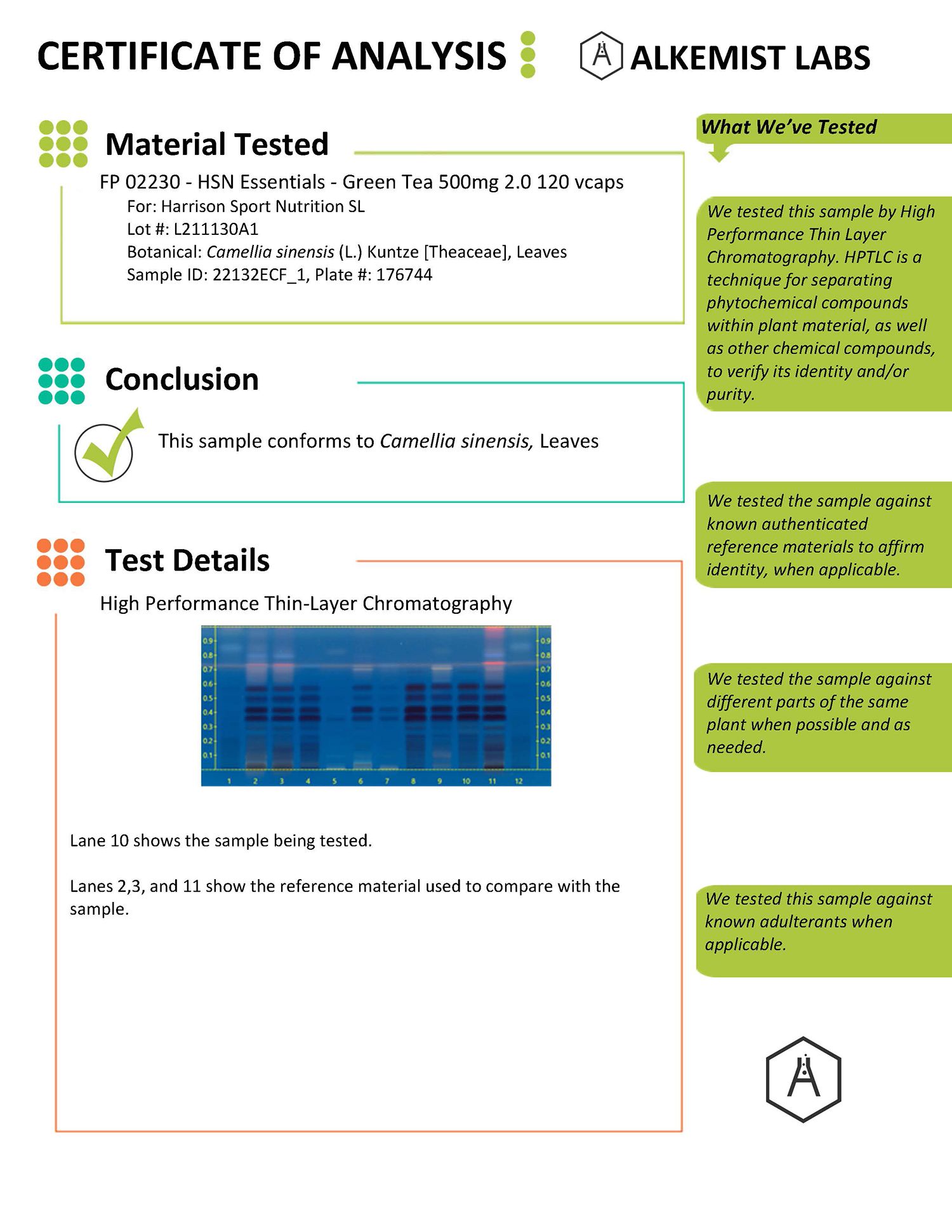 Certificat d'Analyse de l'Extrait de Thé Vert EssentialSeries